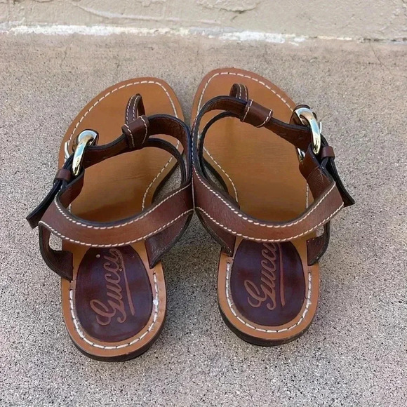 GUCCI Brown Leather Sandals Bamboo Buckle Straps Sz 36.5 - Picture 4 of 11
